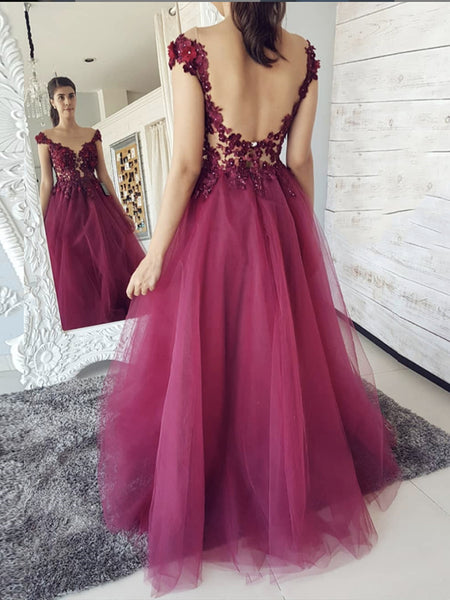 Off the Shoulder Burgundy Lace Floral Prom Dresses, Wine Red Lace Formal Evening Dresses
