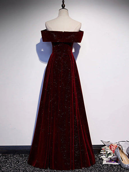 Off the Shoulder Burgundy Long Prom Dresses, Burgundy Off Shoulder Lon