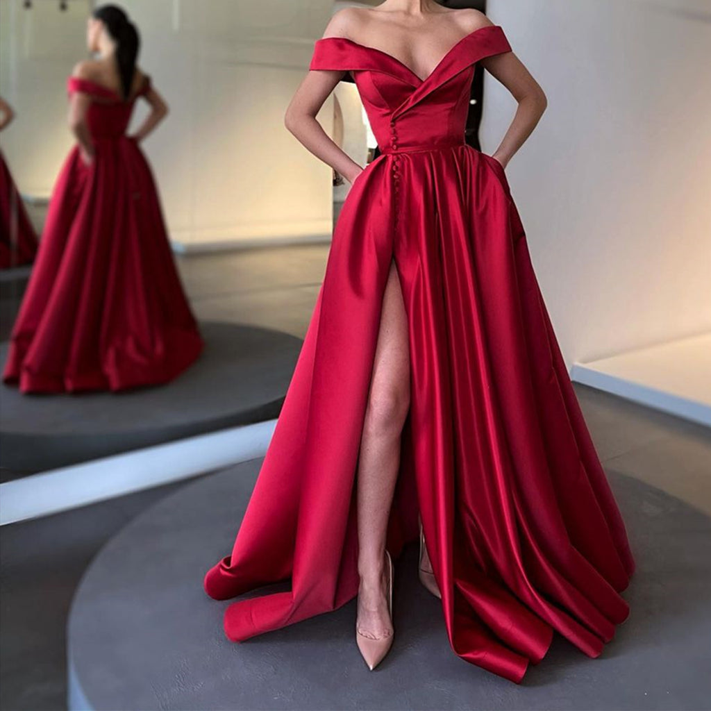 Off the Shoulder Burgundy Satin Long Prom Dresses, Off Shoulder Wine R jbydress Off the Shoulder Burgundy Satin Long Prom Dresses, Off Shoulder Wine R jbydress