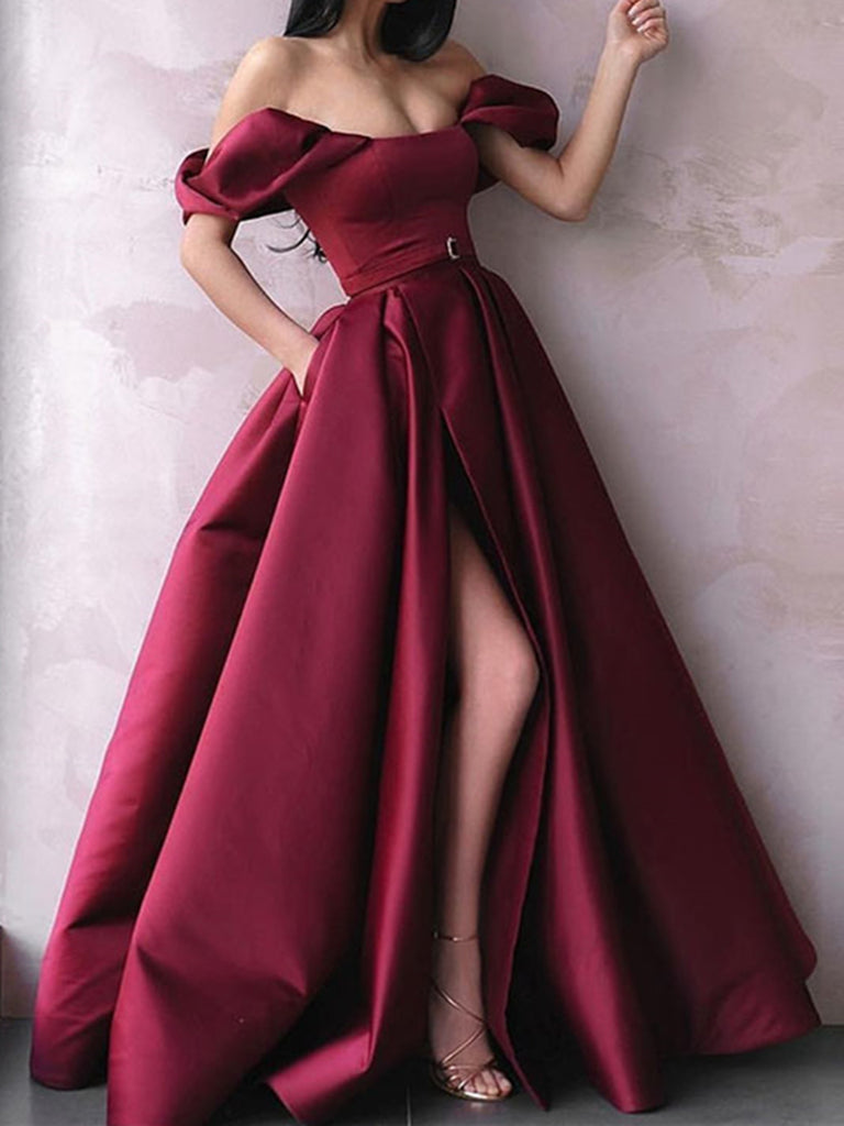 Off the Shoulder Burgundy Satin Prom Dresses, Wine Red Long Formal Evening Dresses