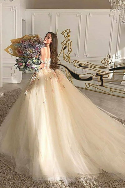 Off the Shoulder Champagne Floral Long Prom Dresses, Off Shoulder Champagne 3D Flower Long Formal Evening Dresses