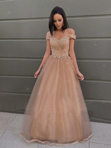 Off the Shoulder Champagne Tulle Lace Prom Dresses, Off Shoulder Champagne Lace Formal Evening Dresses