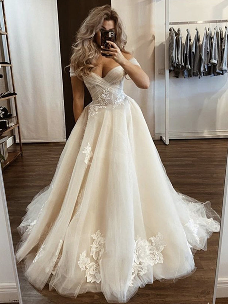 White Off Shoulder Wedding Dresses Lace With Train Ivory Plus Bridal Ball  Gowns | eBay