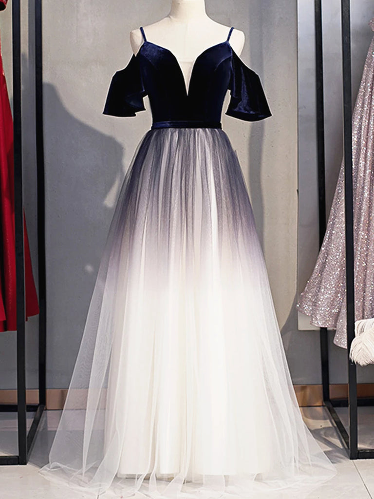 Off the Shoulder Dark Blue Ombre Long Prom Dresses, Ombre Blue
