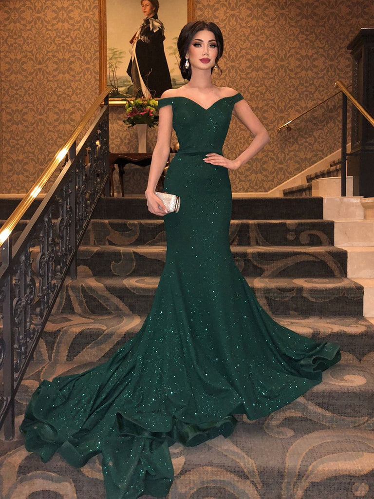 Off the Shoulder Dark Green Prom Dresses, Off Shoulder Dark Green