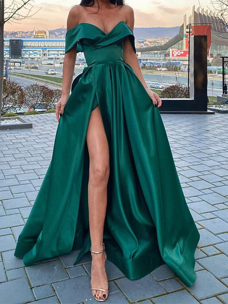 Off the Shoulder Emerald Green Satin Long Prom Dresses with Leg Slit, Off Shoulder Dark Green High Slit Long Formal Evening Dresses