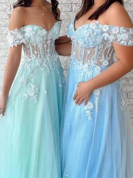 Off the Shoulder Green Blue 3D Lace Floral Prom Dresses, 3D Lace Formal Graduation Dresses