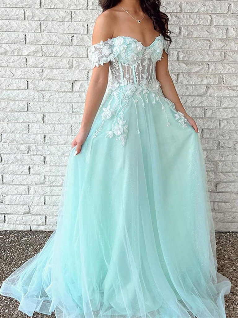 Off the Shoulder Green Blue 3D Lace Floral Prom Dresses, 3D Lace Forma jbydress Off the Shoulder Green Blue 3D Lace Floral Prom Dresses, 3D Lace Forma jbydress