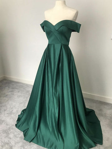 Off the Shoulder Green Satin Long Prom Dresses, Off Shoulder Emerald Green Long Formal Evening Dresses