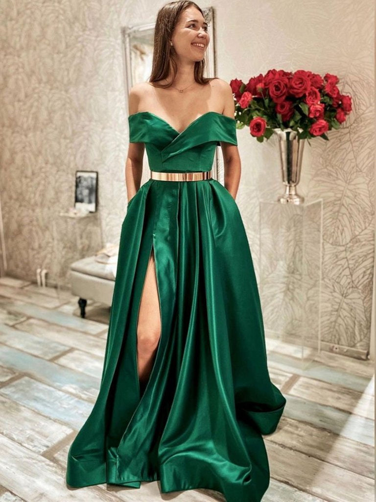 Off the Shoulder Green Satin Long Prom Dress with Leg Slit, Off Shoulder Long Green Satin Formal Evening Dresses