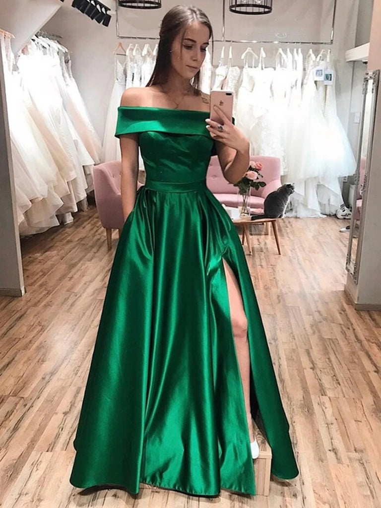 Off the Shoulder Green Satin Prom Dresses, Off Shoulder Green Satin Lo jbydress Off the Shoulder Green Satin Prom Dresses, Off Shoulder Green Satin Lo jbydress
