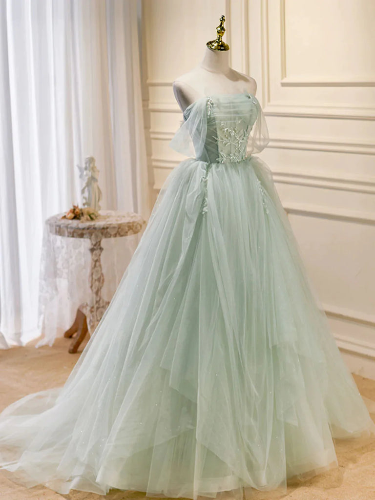 Off the Shoulder Green Tulle Long Prom Dresses, Green Long Formal Even jbydress Off the Shoulder Green Tulle Long Prom Dresses, Green Long Formal Even jbydress