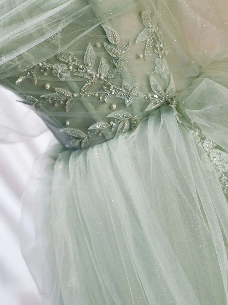 Off the Shoulder Green Tulle Long Prom Dresses, Green Long Formal Even jbydress Off the Shoulder Green Tulle Long Prom Dresses, Green Long Formal Even jbydress