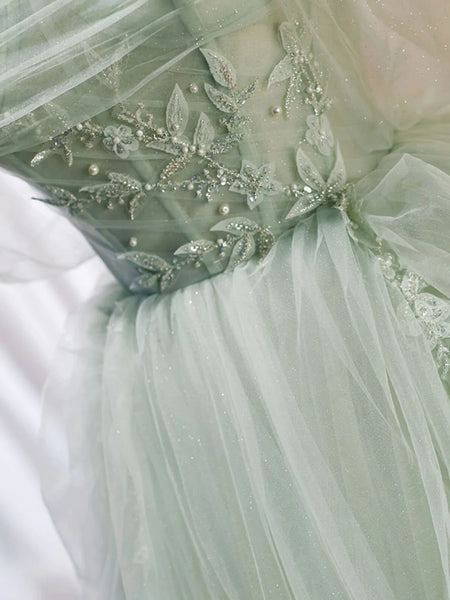 Off the Shoulder Green Tulle Long Prom Dresses, Green Long Formal Evening Dresses