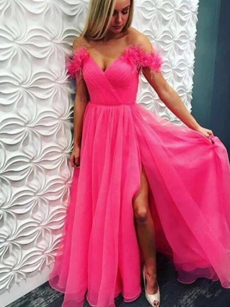 Off the Shoulder Hot Pink Long Prom Dresses, Hot Pink Off Shoulder Lon jbydress Off the Shoulder Hot Pink Long Prom Dresses, Hot Pink Off Shoulder Lon jbydress