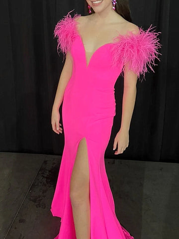 Off the Shoulder Hot Pink Prom Dresses, Off Shoulder Hot Pink Formal Evening Dresses