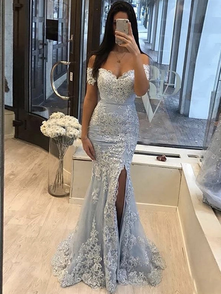 Off the Shoulder Light Blue Mermaid Lace Prom Dresses, Off Shoulder Mermaid Lace Formal Evening Dresses