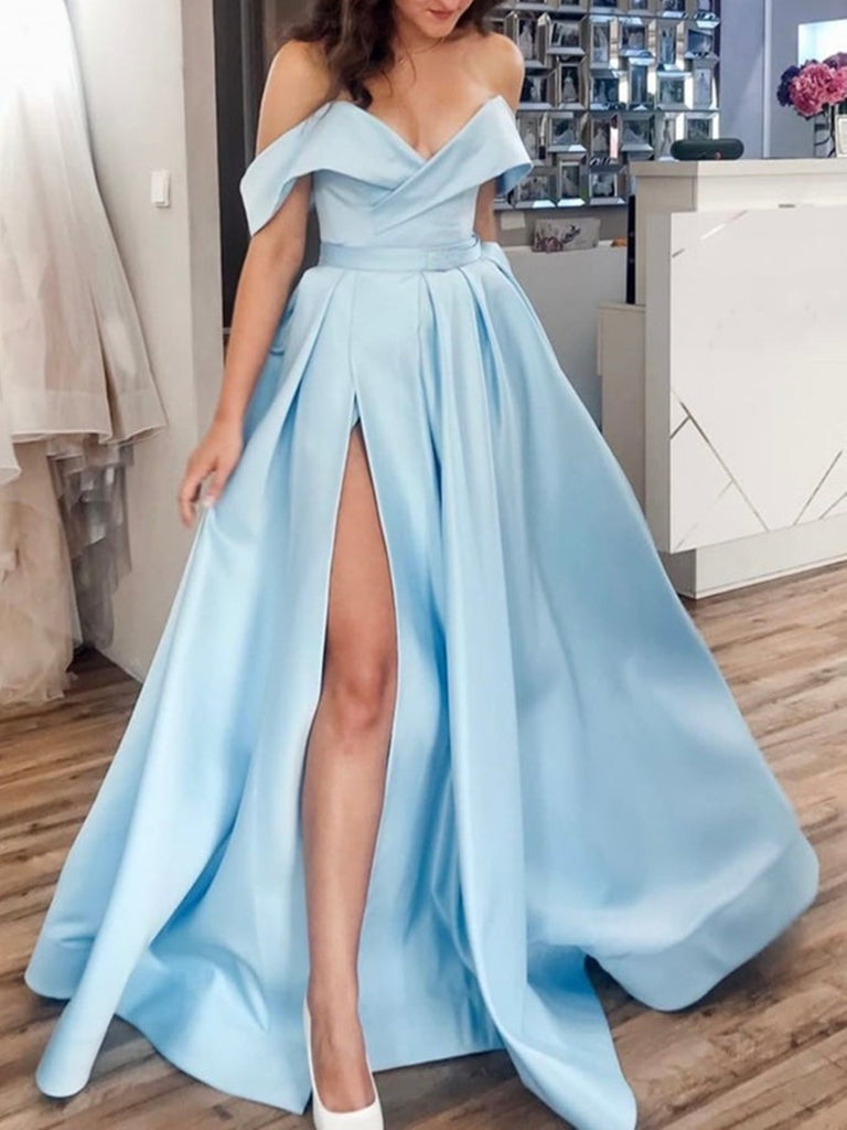Off the Shoulder Light Blue Satin Prom Dresses, Off the Shoulder Light – jbydress Off the Shoulder Light Blue Satin Prom Dresses, Off the Shoulder Light – jbydress