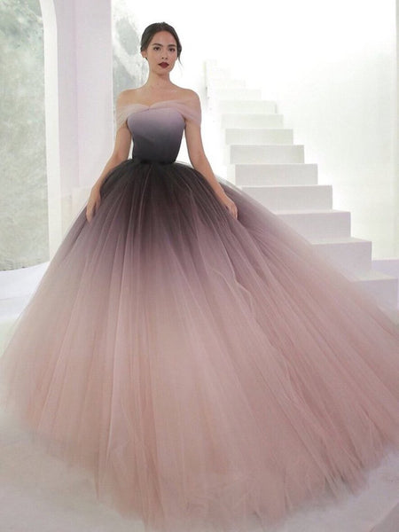 Off the Shoulder Ombre Tulle Prom Gown, Ombre Tulle Formal Prom Evening Dresses