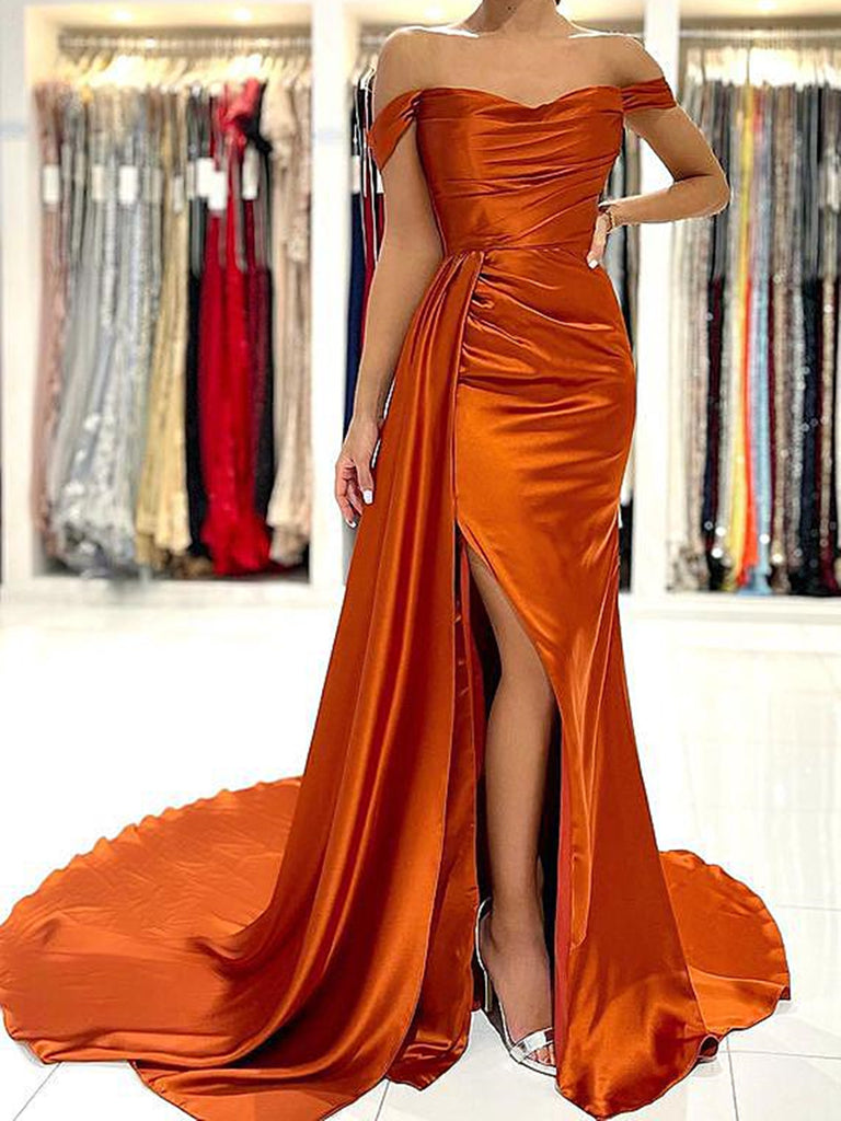 Off the Shoulder Orange Satin Prom Dresses, Orange Off Shoulder Satin jbydress Off the Shoulder Orange Satin Prom Dresses, Orange Off Shoulder Satin jbydress