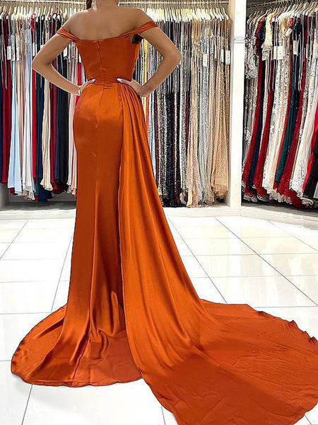 Off the Shoulder Orange Satin Prom Dresses, Orange Off Shoulder Satin Formal Evening Dresses Measure Guide