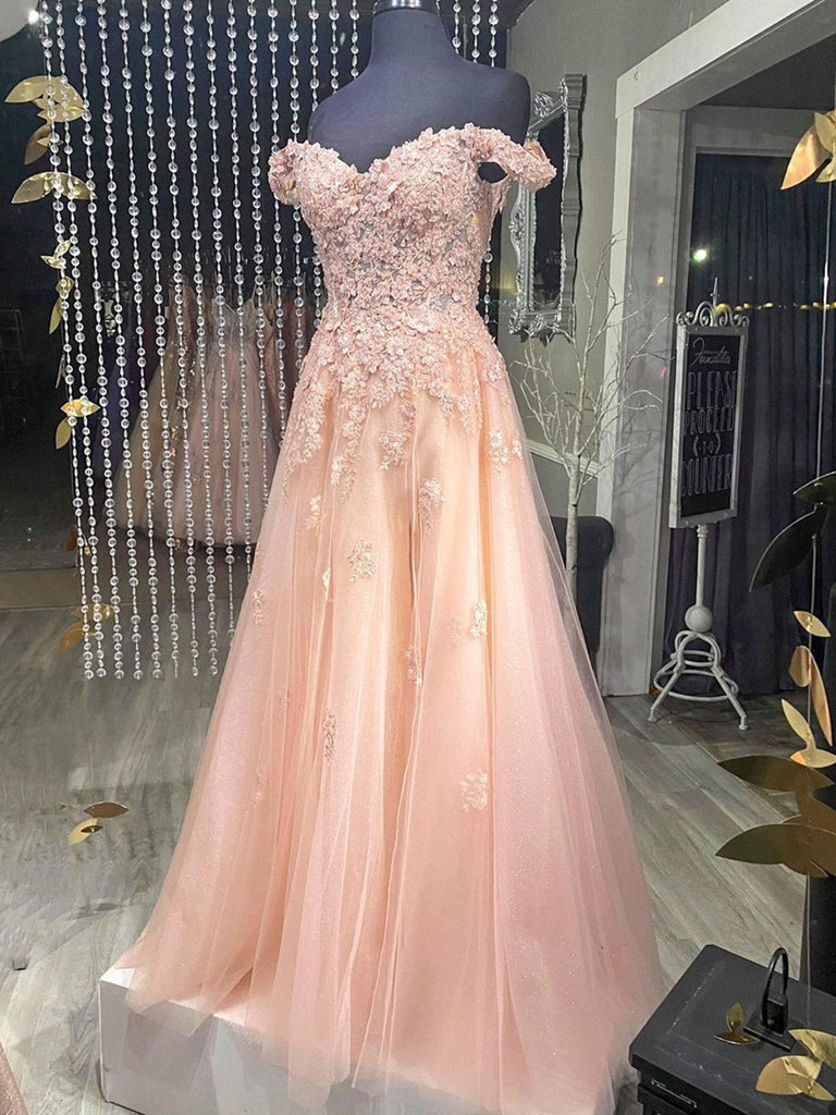 Off the Shoulder Pink-Champagne Lace Prom Dresses, Off Shoulder