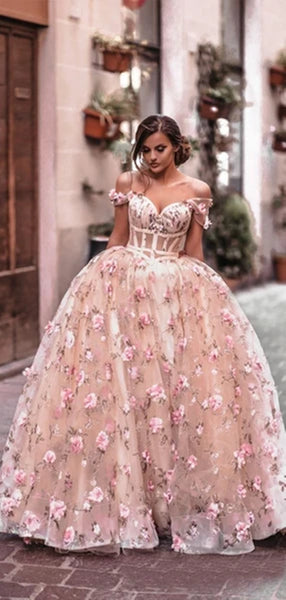 Off the Shoulder Pink 3D Floral Long Prom Dresses, 3D Flower Pink Formal Evening Dresses