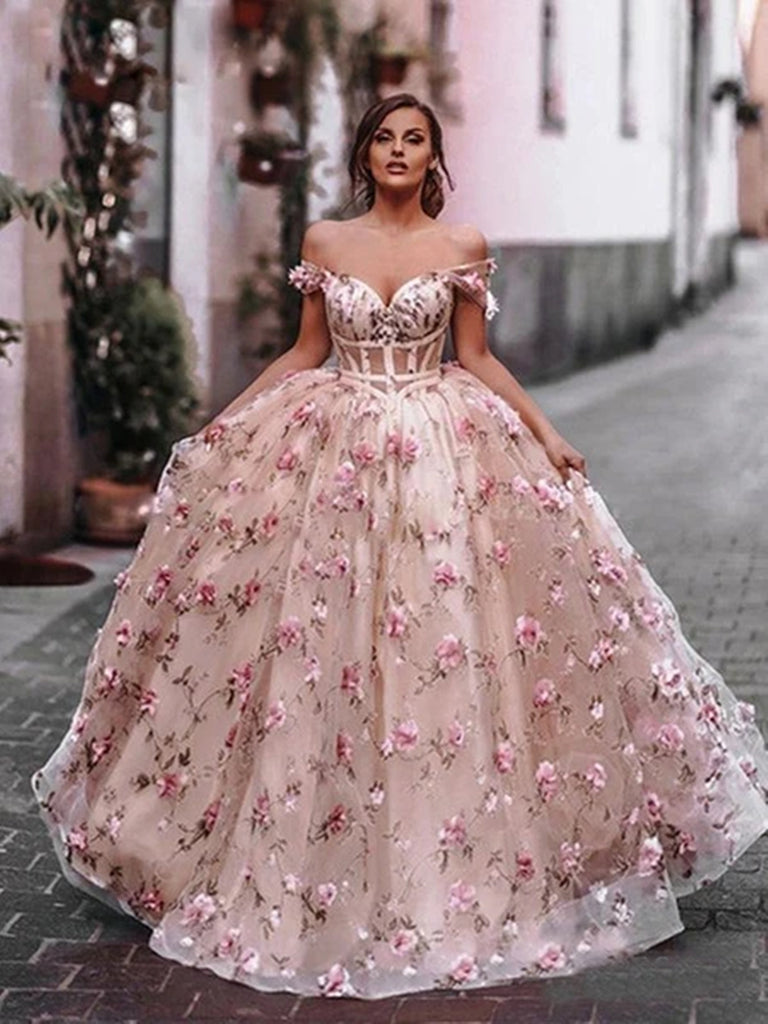 Off the Shoulder Pink 3D Floral Long Prom Dresses, 3D Flower Pink