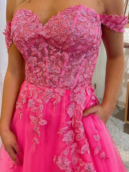 Off the Shoulder Pink Lace Prom Dresses, Off Shoulder Pink Lace Formal Evening Dresses