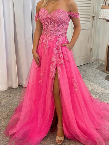 Off the Shoulder Pink Lace Prom Dresses, Off Shoulder Pink Lace Formal Evening Dresses