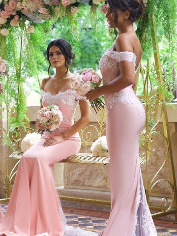 Off the Shoulder Pink Mermaid Lace Prom Dresses, Pink Mermaid Lace Bridesmaid Dresses
