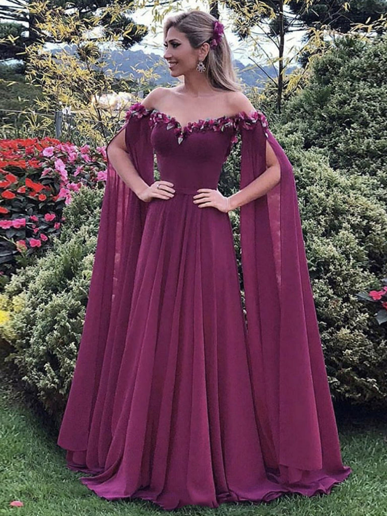 Off the Shoulder Purple Floral Long Prom Dresses, Purple Long Formal Evening Dresses