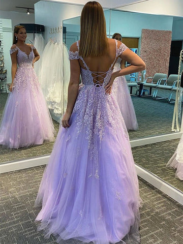 Off the Shoulder Purple Lace Prom Dresses, Purple Lace Formal Evening Dresses