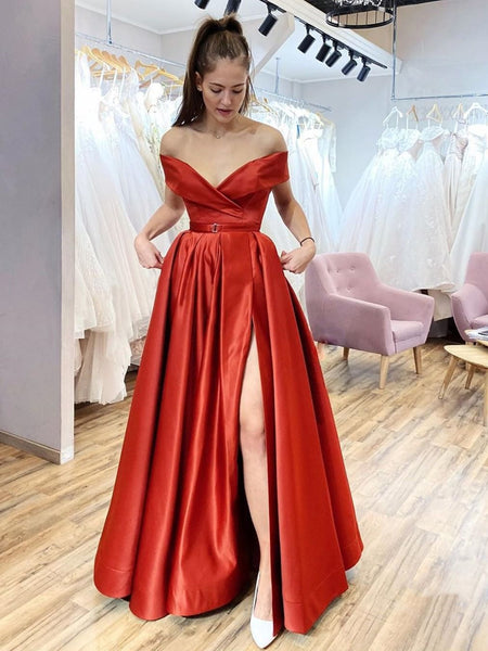 Off the Shoulder Red Satin Long Prom Dresses, Off Shoulder Red Formal Evening Dresses