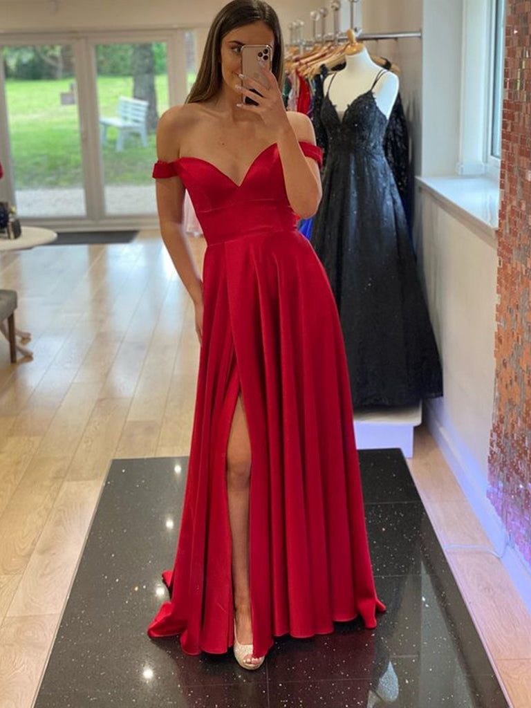 Off the Shoulder Red Satin Prom Dresses, Red Off Shoulder Long Formal Graduation Dresses