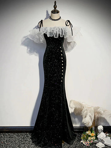 Off the Shoulder Shiny Black Mermaid Prom Dresses, Off Shoulder Shiny Black Long Formal Evening Dresses