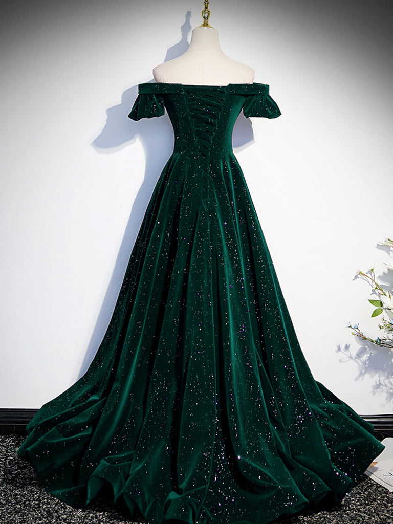 olive green dress off the shoulder Off-shoulder Long Sleeves Green Lace Prom Dresses, PD0760 RomanBridal