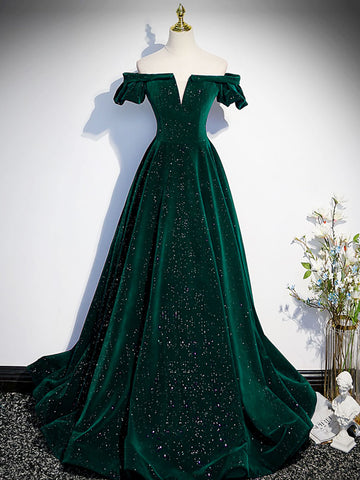 Off the Shoulder Green Black Long Prom Dresses, Off Shoulder Green Black Formal Evening Dresses