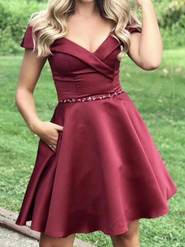 Off the Shoulder Short Burgundy Prom Dresses, Wine Red Short