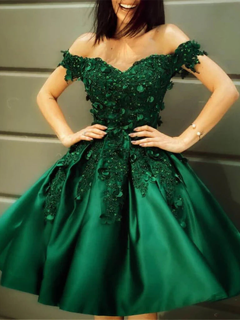 Off the Shoulder Short Green Lace Prom Dresses, Off Shoulder Short