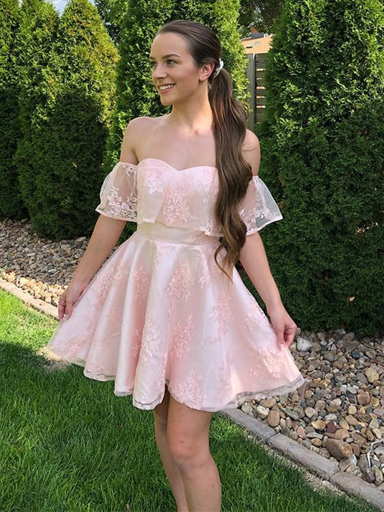 Off the Shoulder Short Pink Lace Prom Dresses, Off Shoulder Short