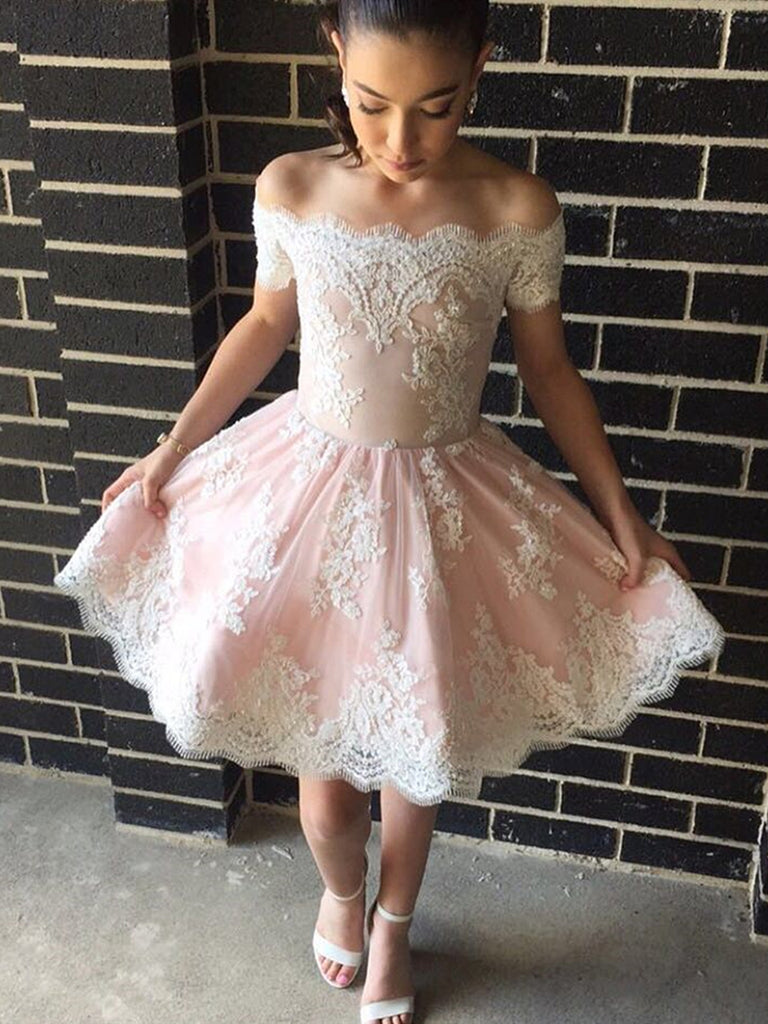 Off the Shoulder Short Pink Lace Prom Dresses, Short Pink Lace Formal jbydress Off the Shoulder Short Pink Lace Prom Dresses, Short Pink Lace Formal jbydress