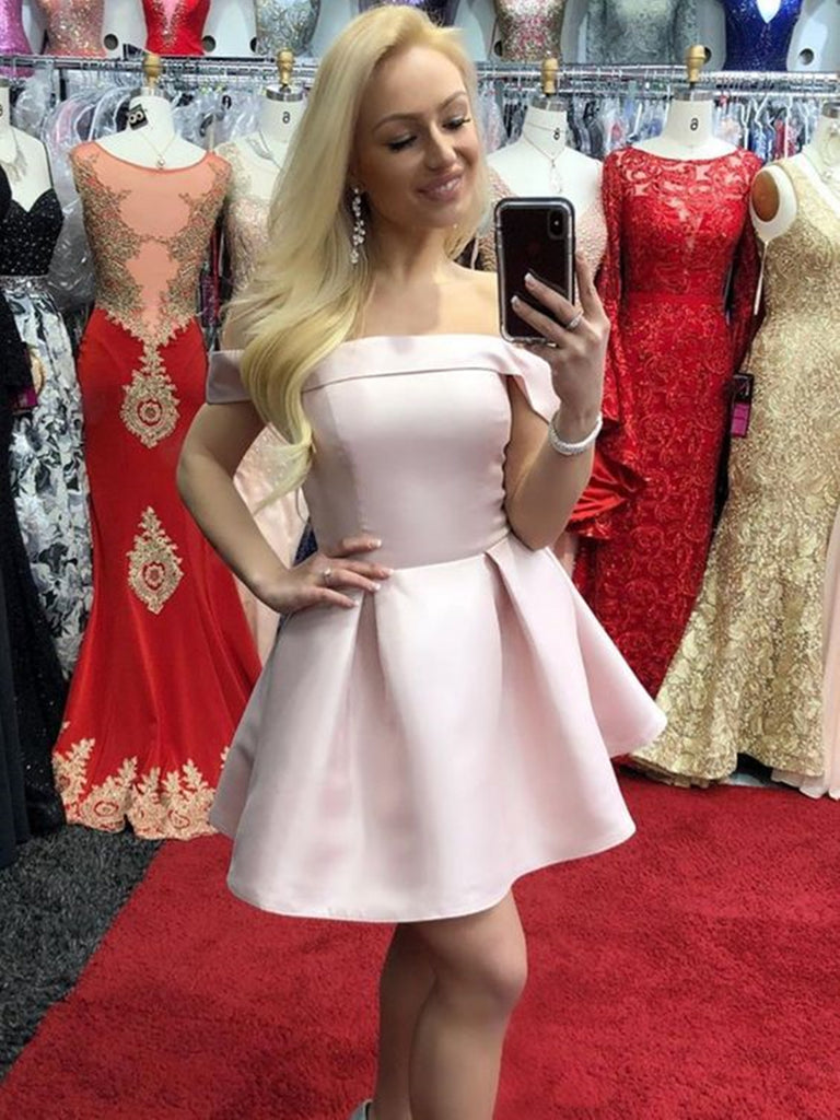 Off the Shoulder Short Pink Navy Blue Satin Prom Dresses, Short Pink B jbydress Off the Shoulder Short Pink Navy Blue Satin Prom Dresses, Short Pink B jbydress