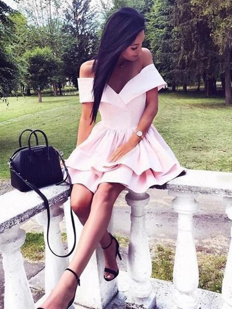Off the Shoulder Short Pink Prom Dresses, Short Off Shoulder Pink Form – jbydress