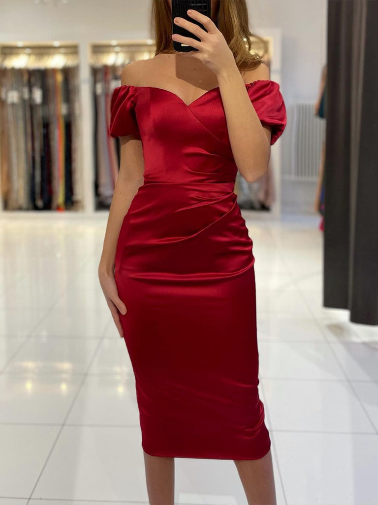 Off the Shoulder Tea Length Burgundy Prom Dresses, Wine Red Tea Length – jbydress Off the Shoulder Tea Length Burgundy Prom Dresses, Wine Red Tea Length – jbydress