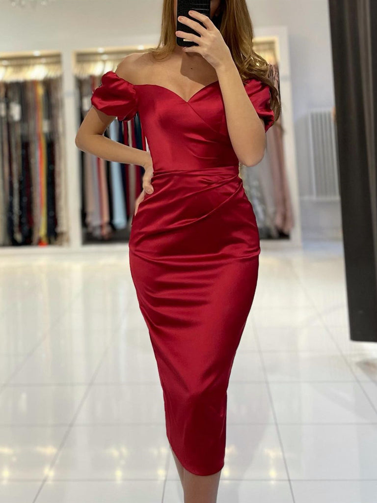 Off the Shoulder Tea Length Burgundy Prom Dresses, Wine Red Tea