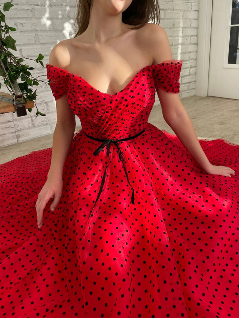 Off the Shoulder Tea Length Red Tulle Prom Dresses, Red Tea Length For jbydress Off the Shoulder Tea Length Red Tulle Prom Dresses, Red Tea Length For jbydress