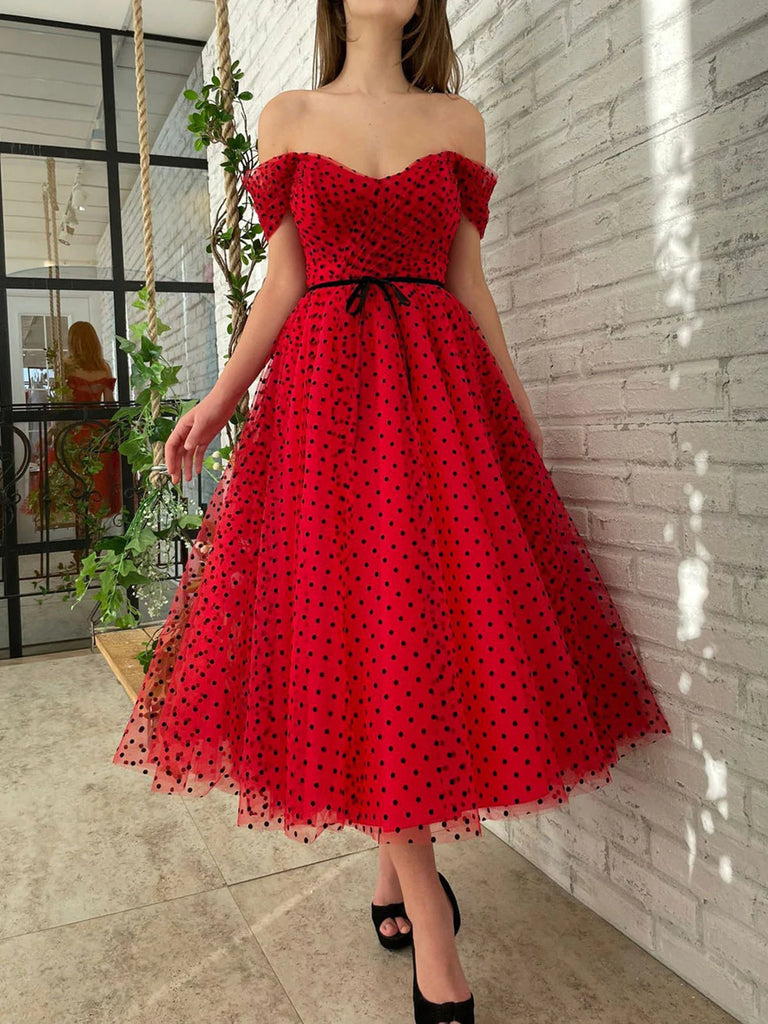 Off the Shoulder Tea Length Red Tulle Prom Dresses, Red Tea Length