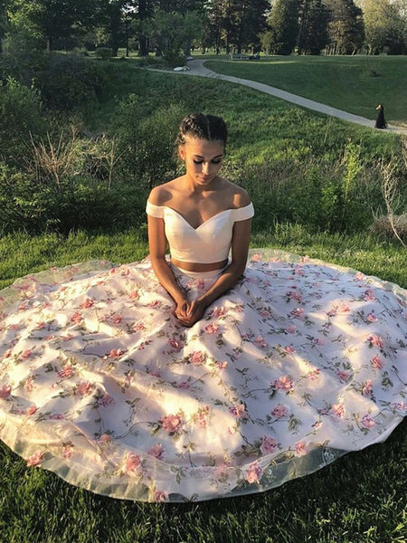 Off the Shoulder Two Pieces Pink 3D Floral Prom Dresses, Pink Off Shoulder 2 Pieces Floral Long Formal Evening Dresses