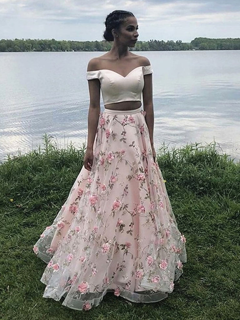 Off the Shoulder Two Pieces Pink 3D Floral Prom Dresses, Pink Off